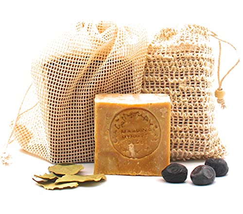PAOS Original Aleppo Seife Set, 60% Olivenöl 40% Lorbeeröl Seife inkl. Sisal Seifensäckchen + gratis Reisebeutel, ca.200g, Handmade, Vegan, Naturprodukt, Haarseife, Duschseife, Original Rezeptur Cover