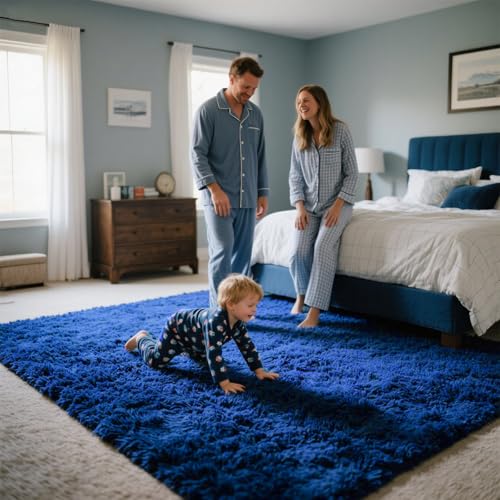 Area Rugs for Bedroom Living Room, 4x6 Soft Large Fluffy Fuzzy Shag Plush Furry Carpet, Soft Indoor Floor Mat for Kids Nursery Home Dorm Office Decor Aesthetic, Blue