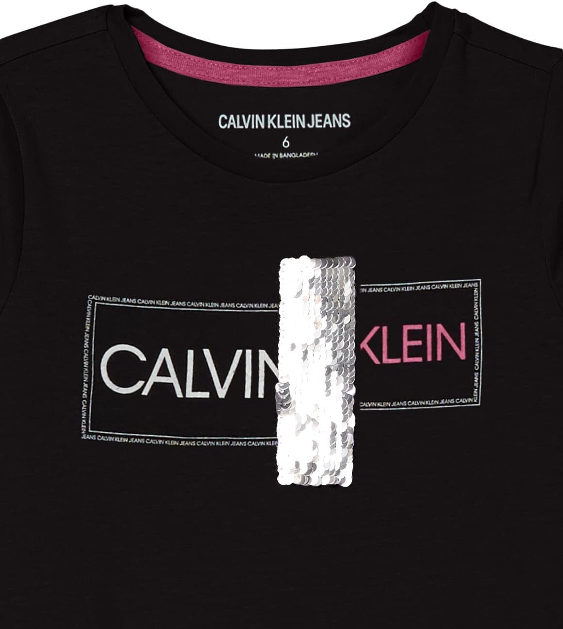 Calvin Klein Girls' Short Sleeve Cotton T-Shirt with Flip Sequin Design & Tagless Interior 7 Anthracite Split