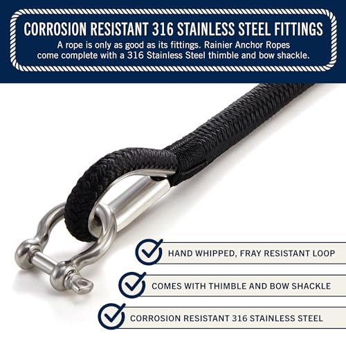 RainierSupplyCo Boat Anchor Rope - Double Braided Marine Rope Anchor Line - 150 ft x 1/2 Inch Nylon Boating Line with 316 Stainless Steel Thimble and Heavy Duty Marine Grade Bow Shackle - Black by Rainier Supply Co - Image 3