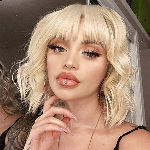 12" Short Blonde Curly Bob Wig With Bangs For Women Girls Light Golden Wavy Wave Bob Wigs Natural Looking Pastel For Christmas Day(#88/613)………