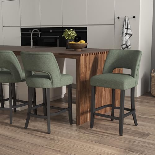 Image of VKNOW Bar Stools Set of 6, 26 inch Upholstered Counter Height Bar Stools, Modern Counter Stools with Black Legs for Kitchen Island Dining Room Bar, Green-Black Legs