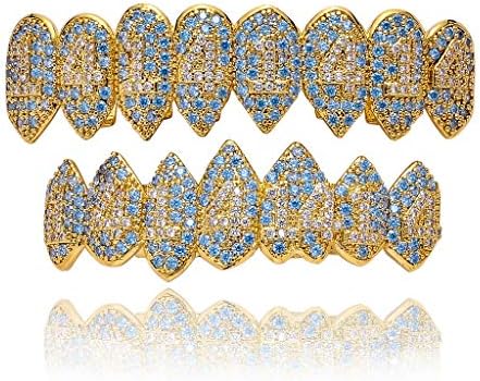 LKV Shark Vampire 14K Gold Plated Grillz Iced Out CZ Lab Diamond Aquamarine Zircon 14 Vampire Grillz for Your Teeth Top and Bottom Grills for Men Hip Hop Rapper Cosplay