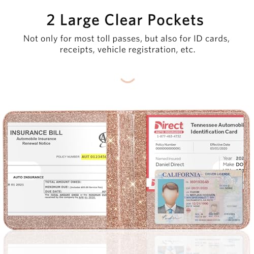 Image of CoBak Car Registration and Insurance Holder - Vehicle Glove Box Car Organizer, Auto Truck Comparment Accessories Case for Essential Document, Driver License, Cards (Glitter Rosegold)