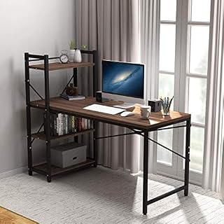 Dprodo Tower Computer Desk with 4 Tier Storage Shelves - 47.6'' Multi Level Writing Study Table with Bookshelves Modern Steel Frame Wood Desk Compact for Small Spaces Home Office Workstation (Walnut)