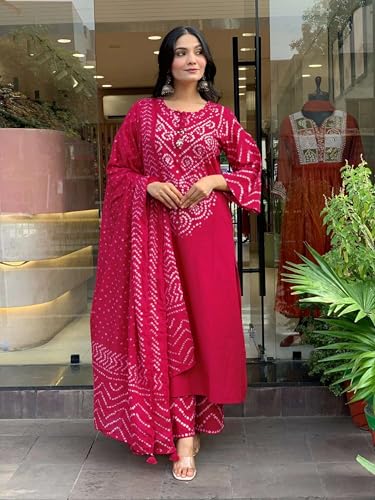Image of GoSriKi Kurta Sets for Women Rayon Viscose Bandhani Printed | Kurti Set for Woman | Kurta Pant Dupatta Set | Straight Kurti | Round Neck 3 /4 Sleeve Suit Set for Women Stylish Ethnic Outfit