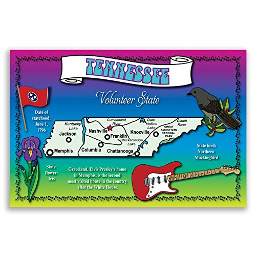 TENNESSEE STATE MAP postcard set of 20 identical postcards. Post cards with TN map and state symbols. Made in USA.