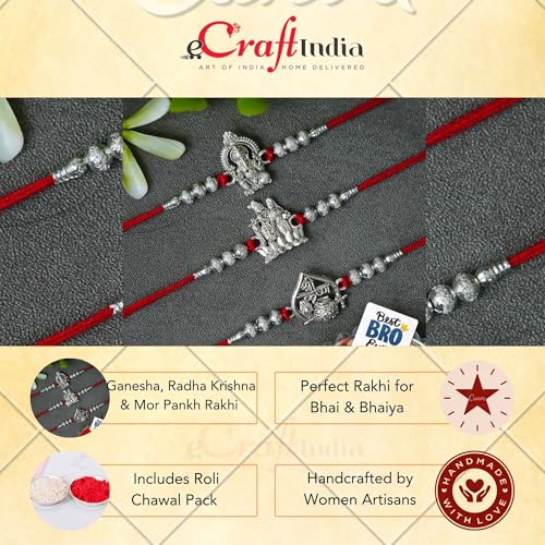 Image of eCraftIndia Set of 3 Rakhi for Brother Lord Ganesha Radha Krishna Playing Flute Dahi Handi Flute Mor Pankh Designer Rakhis with Best Bro Ever Fridge Magnet | Roli Chawal Pack
