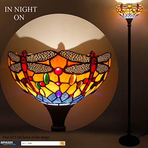 Werfactory Tiffany Floor Lamp Orange Blue Stained Glass Dragonfly Light 12X12X66 Inches Torchiere Standing Corner Torch Uplight Decor Bedroom Living Room Home Office S168 Series #TOP2