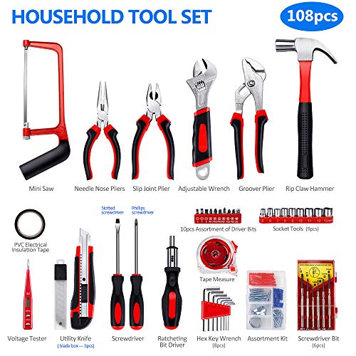 Household Repair Tool Set - Arrinew 108 Pcs High Grade Alloy Steel hand Tool Kit with Platsic Toolbox, Repair Hand Tools Set with Anti-Slip Handle for Home, Apartment, Garage, Dorm, Office etc.