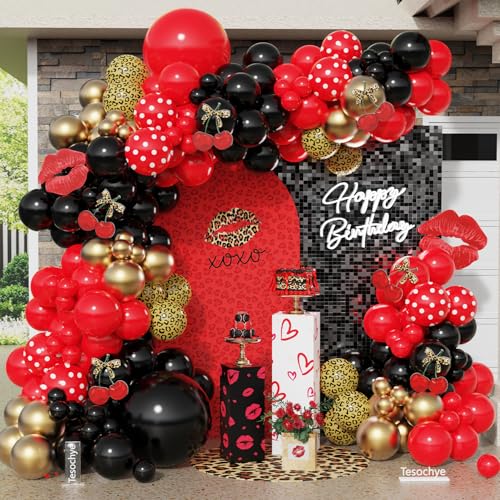 Image of 145pcs Red and Black Balloon Arch Kit with Leopard Cheetah Print Balloons for Women's Birthday Decorations, Baby Shower Bachelorette Spa Party Decorations