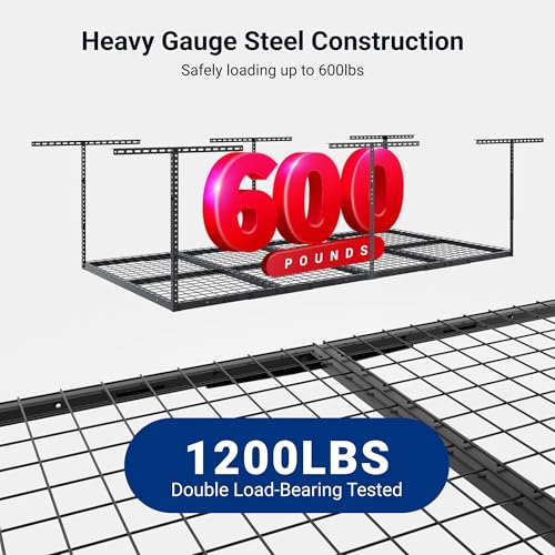 FLEXIMOUNTS 4x8 Overhead Garage Storage Rack, Adjustable Garage Storage Organization System, Heavy Duty Metal Garage Ceiling Storage Racks, 600lbs Weight Capacity, Black