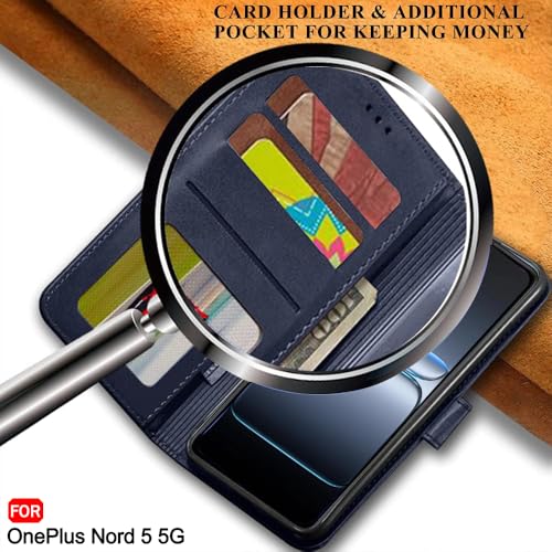 Image of TheGiftKart heGiftKart Genuine Leather Finish Flip Back Cover Case for OnePlus Nord 5 5G | Inbuilt Pockets & Stand | Wallet Style | Designer Button Magnet Flip Back Cover Case (Faux Leather, Blue)