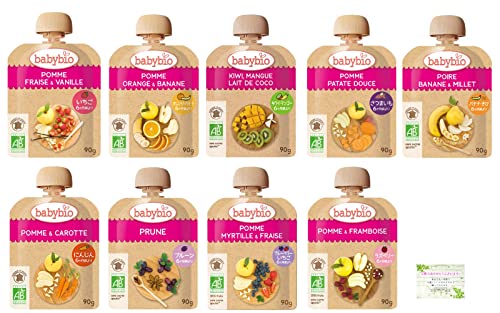 ベビービオ babybio 離乳食 ベビー スムージー 90g 各1個ずつ 9種セット（いちご オレンジ・バナナ キウイ・マンゴー さつまいも バナナ・きび にんじん プルーン ブルーベリー・いちご ラズベリー） ベビーフード 野菜ジュレ 6ヶ月頃からの離乳食 ベビーフード 赤ちゃん おやつ 無添加 オーガニック お菓子 乳幼児規格適用食品 誤飲防止キャップ採用 Happy Mint 特製ポケットティッシュ付きのサムネイル