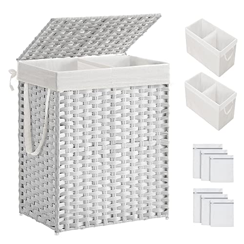 Image of SONGMICS Laundry Hamper with Lid, 90L Clothes Hamper with 2 Removable Liner Bags, 6 Mesh Bags, Wicker Laundry Basket, Double Laundry Hamper for Bathroom, 13 x 18.1 x 23.6 Inches, White ULCB251W01V1