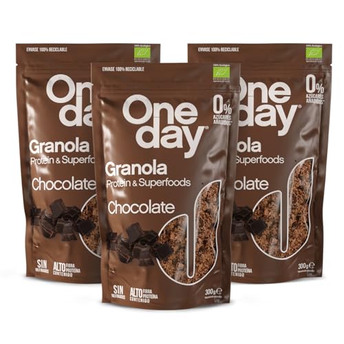 ONE DAY Granola Ecologica, Sin Azucares Añadidos, Alto en Proteína con Superfoods, Altro en Fibra, 300g (Pack 3 / Chocolate, 1 unidad)