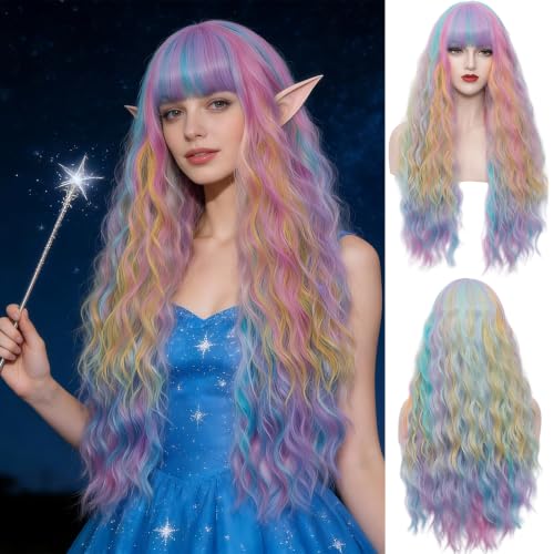 WGPFWIG Women's Multi Color Rainbow Wig 27''Long Curly Wavy Wig Flat Bangs Wig For Women Cosplay Party Halloween Wig Cap Included (27''Multi Color Rainbow)