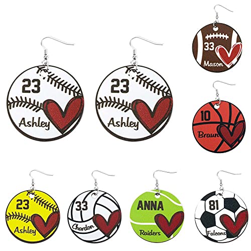 Custom Name & Number Sports Ball Earrings Baseball Softball Soccer Football Basketball Volleyball Tennis Sports Earrings Personalized Jewelry Gifts for Women Player Fans Baseball Moms