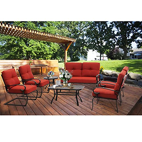 Oakmont 7-Piece Outdoor Metal Furniture Sets Patio Conversation Set Wrought Iron Loveseat, 2 Single Chairs, 2 Spring Chairs And Coffee Table, Red #TOP1