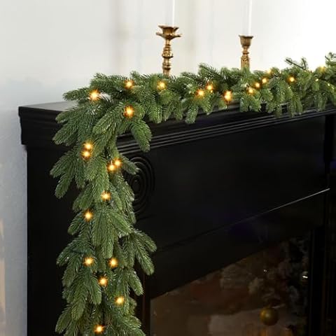 HOHOTIME 9ft Christmas Norfolk Garland with Lights, Artificial Prelit Green Pine Garland for Mantle Xmas Decor, Christmas Decorations for Stairs Railing Fireplace Window Indoor Outdoor Cover