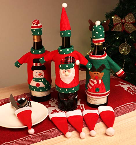 ilauke 3Pcs Ugly Christmas Sweater Wine Bottle Cover Set with 4 Santa Hats Silverware Holder, Cute Christmas Gifts for Ugly Sweaters Birthday Party Crafts Decorations