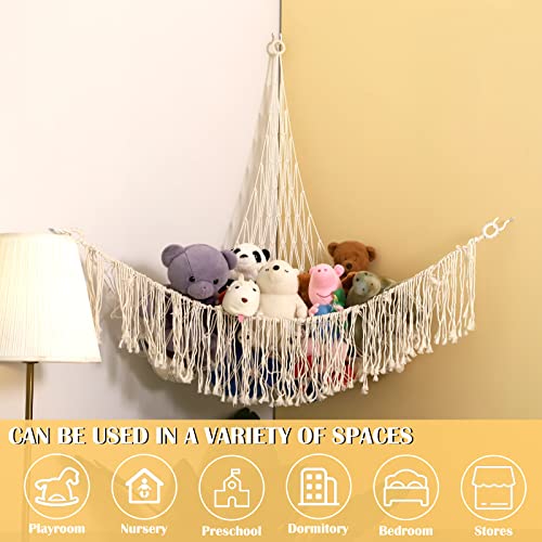 63" X 63" X 51.2" Boho Stuffed Animal Toy Hammock Macrame Large Corner Mesh Toy Storage Hanging Wall Toys Organizer With Light For Bedroom Decor #TOP2