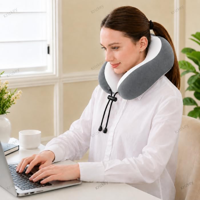 Image of Memory Foam Travel Neck Pillow with Portable Storage Case | Soft U-Shaped Neck Support Cushion for Airplane, Car, Train & Office | Lightweight Ergonomic Travel Pillow (Grey)