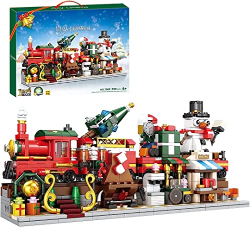 Technik Weihnachtszug Bausteine, 838 Teile 1-in-4 Weihnachtszug Bausteine mit Led Licht, Klassisches Weihnachtswinterzugblockspielzeug mit Schneemann, Weihnachtsbaum, Kabine, Kompatibel mit Lego Cover