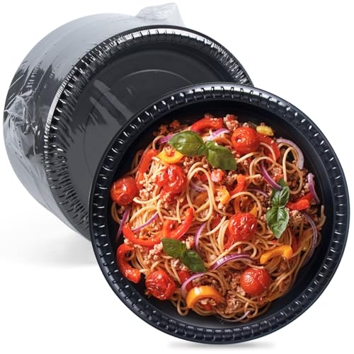 FRESHPAK 150 Pack 9 Inch Black Plastic Plates - Shrink Wrap Ready To Use