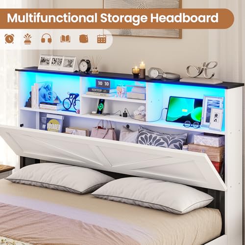 VIAGDO Farmhouse Bed Frame Full Size with Bookcase Storage Headboard, Charging Station and LED Lights, Wooden Full Bed Frame with 4 Drawers, Barn Door Design, No Box Spring Needed, No Noise, White - Thumbnail 3