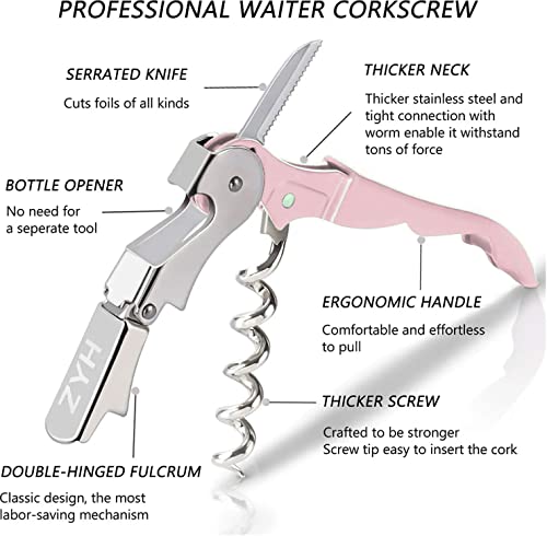 Waiter Corkscrew Wine Opener 2-Pack Pink, Hyz Professional Wine Key For Servers, Bartender With Foil Cutter, Manual Wine Bottle Opener Double Hinged #TOP1