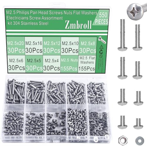 M2.5 フィリップス パンヘッド小ねじ M2.5x4/5/6/8/10/12/16/20mm メートル法304ステンレススチールねじ 全ねじファスナー ボルトナットとフラットワッシャー詰め合わせキット 550個