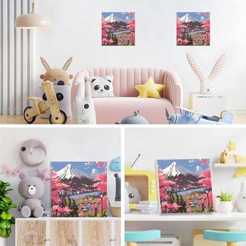 Image of HASTHIP DIY Paint by Numbers Kit for Adults & Kids, Mount Fuji Cherry Blossom Landscape Painting on Canvas, Beginner-Friendly Acrylic Painting Set with Brushes & Numbered Pigments, 20x20cm