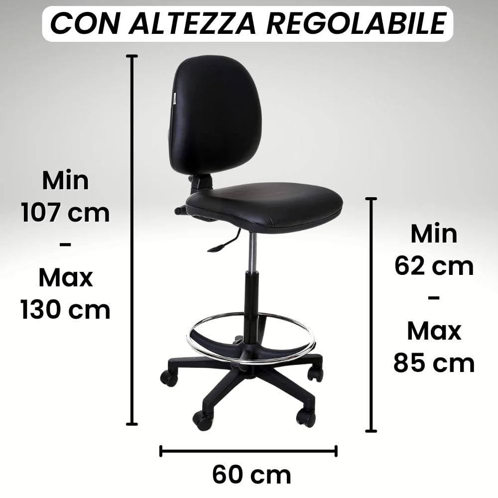 SGABELLO GIREVOLE, SEDILE E SCHIENALE CON RIVESTIMENTO, ELEVAZIONE A GAS, BASE E POGGIAPIEDI, CON PIEDINI O RUOTE, SCHIENALE REGOLABILE, CONTATTO PERMANENTE, PRODOTTO ITALIANO