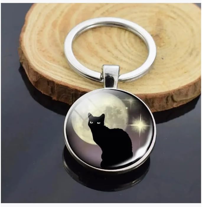 Black Cat and Moon Pendant Keychain, Silver Tone image 2