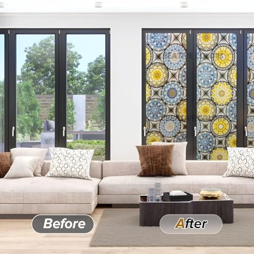 Image of Vinyl Privacy Mandala Window Glass Film (24x360 Inch) - Self-Adhesive Decorative Sticker Opaque Sheet Tint Wallpaper for Glass Cover Window, Door, Office, Home.| Anti-UV. Yellow Blue