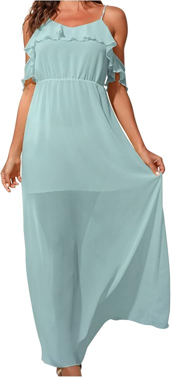 LFEOOST Women Summer Off Shoulder Dresses Sexy V Neck Sleeveless Ruffles Slip Maxi Dress Solid Elastic Waist Flowy Long Dress