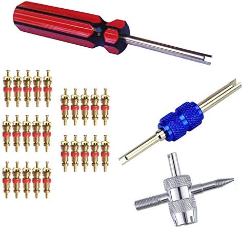Febrytold 3 Pcs tire valve core remover Tools with 25 Pcs Brass, 4-Way [valve stem core] Tool, Dual & Single Head Installer Tools