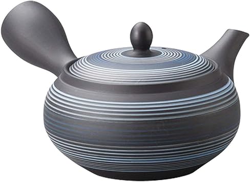 Japanese Kyusu Tokoname Handmade Clay Teapot 8.7 Fluid Onces Hakuyou Blue Color Lines Pattern L638 Single Pack