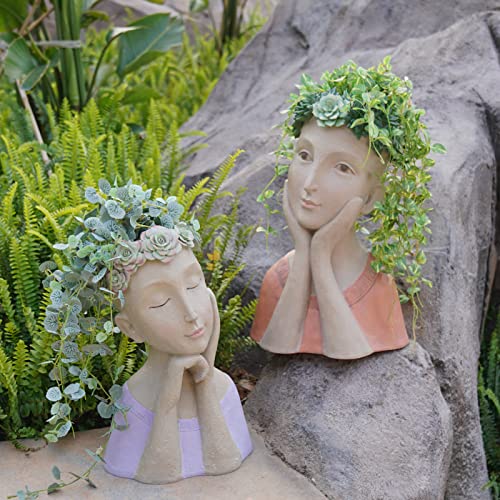 Newman House Studio Head Planter Girl Sculpture Pot 16" H Large Face Flower Pot Succulents Cactus Pot For Home Garden Decor, Set Of 2 #TOP6