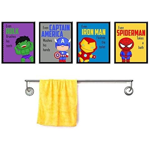 Silly Goose Gifts Superhero Bathroom Reminders Wall Art Decor Poster Pictures Prints Wash Hands Flush Toilet Brush Teeth Take Bath Cover