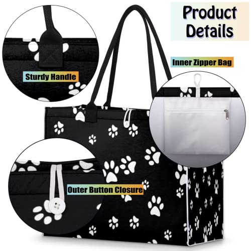 Puppy Paw Print Black Tote Bag For Women Travel Bag Reusable Grocery Bag Utility Tote For Work Shopping Pool Beach Bag For Gift Outdoor #TOP3