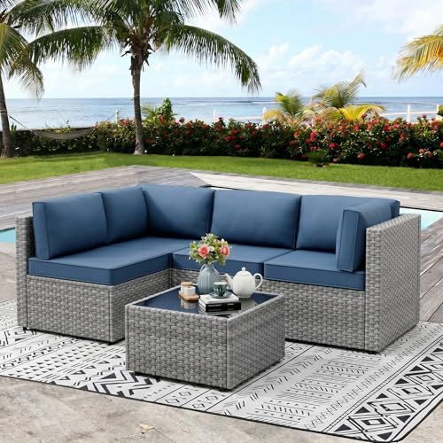 Vongrasig 5 Pieces Outdoor Sectional Furniture, All-Weather Rattan Patio Furniture Set, Wicker Patio Sectional Couch with Cushion, Glass Table, Navy Blue
