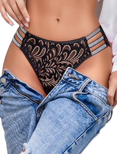 Avidlove Calcinha feminina sexy de renda com glitter, roupa íntima atrevida, pacote com 1-4, Preto,