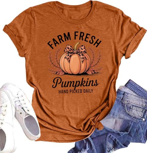 Women Farm Fresh Pumpkins Shirt: Cute Fall Pumpkin T Shirt Farmers Market Thanksgiving Tee Top