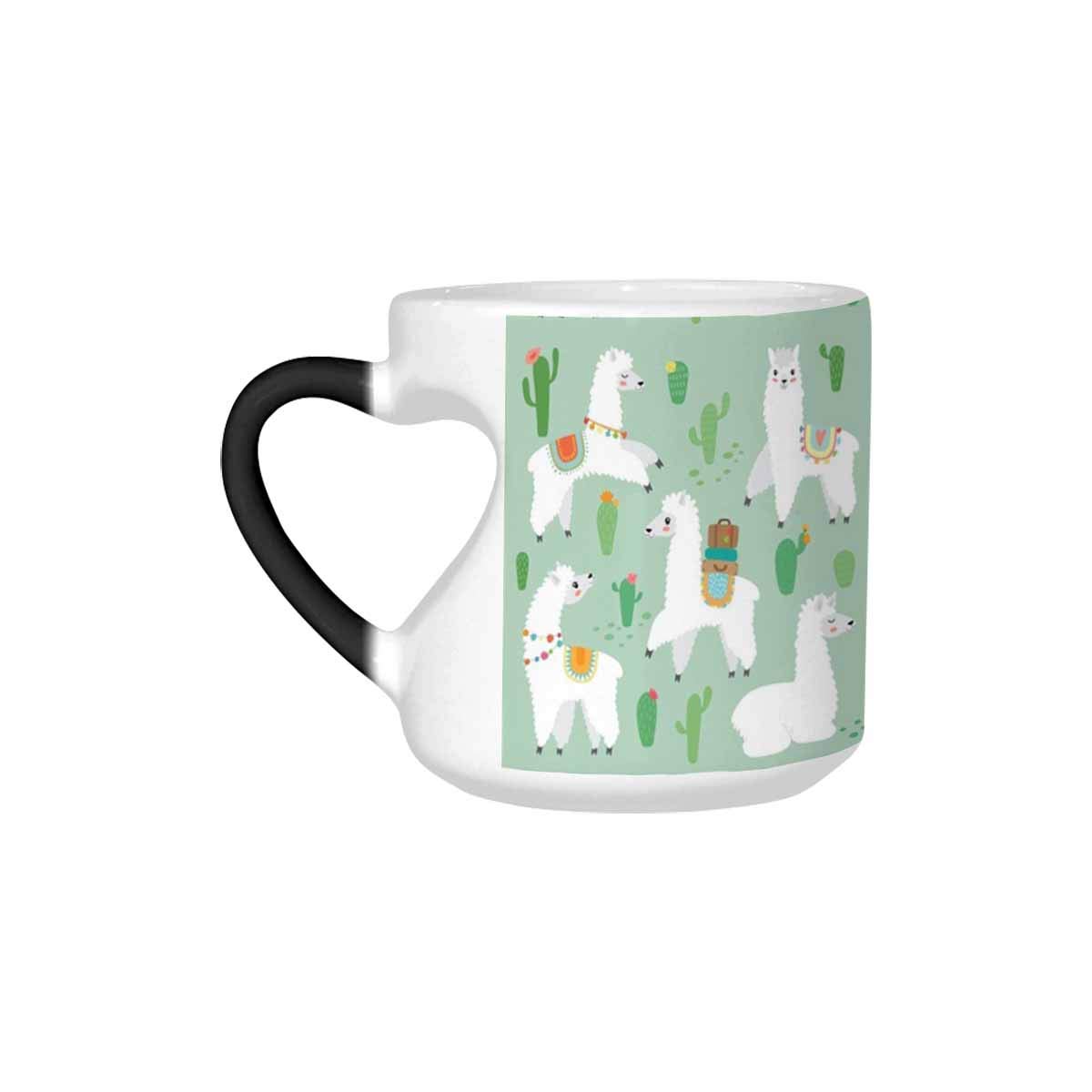 InterestPrint Cute Llama Set Cactus Heat Sensitive Color Changing Coffee Mug, Morphing Travel Mug Heart Shaped Mug Tea Cup for Mom Dad Women Men, 10.3oz