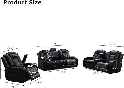 Miniatura 2 de Juego de sofá reclinable eléctrico y sofá biplaza, sofá reclinable de cuero negro con mesa desplegable, muebles de sala de estar, sofá reclinable