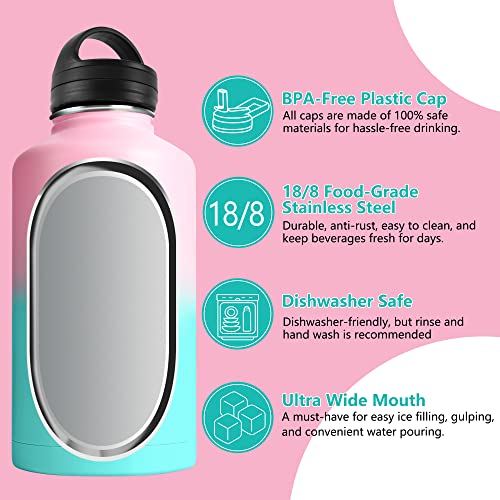 Aexpf Water Flask With Straw, Wide Mouth Half Gallon Water Bottle With Sleeve, Reusable Leak Proof Large Water Jugs For Drinking, 64 Oz Insulated Water Bottle For Gym Camping, Bubble Gum #TOP4