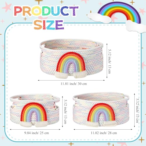 Image of Breling 3 Pack Toy Storage Baskets, Teacher Woven Cotton Rope Storage Bins with Rainbow Design for School Supplies, Books, Blankets, Clothes, Playroom, Nursery, Classroom, Back to School Gift