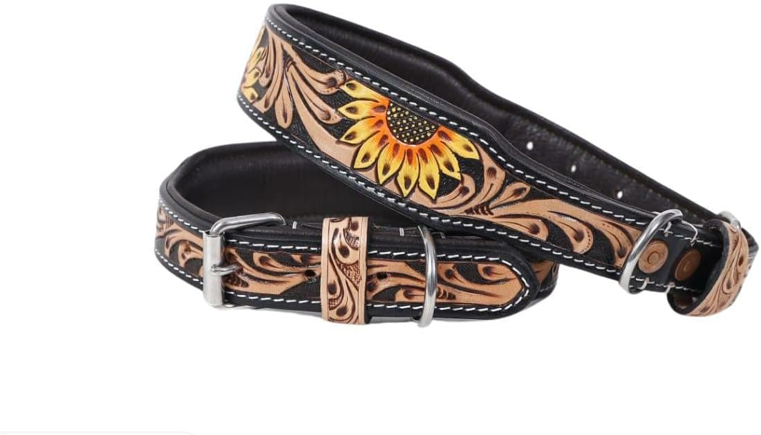 Affilare Leather Dog Collar Western Style Heavy Duty Sunflower Tooled Floral Padded for Puppies and Big Dogs 10IS102-S